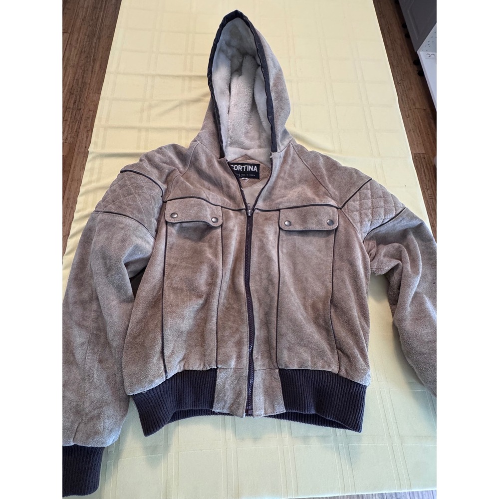 Cortina Vintage Suede Bomber Jacket Faux Fur Lined Hooded Brown Mens 44